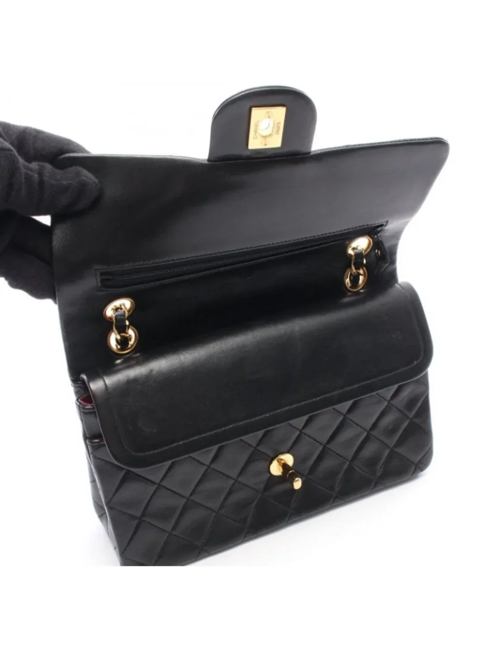 Chanel Shoulder Bag Quilted Double Flap Black Lambskin Chain